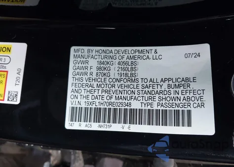 2024 Honda Civic Ex-L z USA, uszkodzony, nr VIN 19XFL1H70RE029348